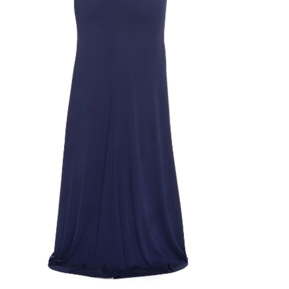 LA FEMME 3/4 SLEEVE ILLUSIONS BEADED EMBELLIHSED NAVY RUCHED GOWN sz 12 - Picture 5 of 5